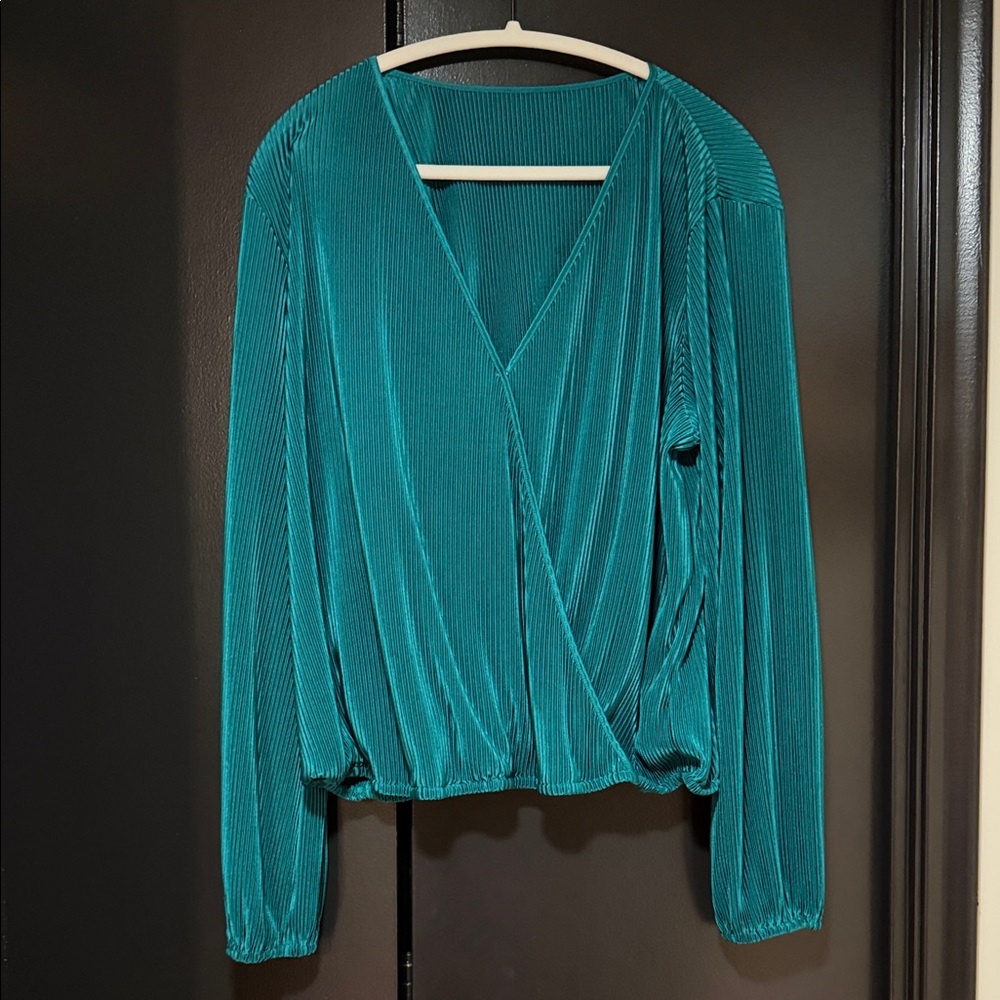 Teal V-Neck Pleated Women's Top